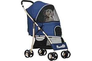PawHut Hundebuggy Buggy faltbarer Wagen faltbarer Korb Aufbewahrungskorb Sicherheitsleinen inkl. Kissen Räder mit Bremse Stoff 600D Oxford Stahl Abm. 80L x 44,5l x 97H cm dunkelblau