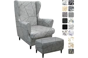 ‎ALISHOMTLL Alishomtll 3 Teilig Ohrensessel Überzug Mit Ottomane Schonbezug Stretch Sessel-Überwürfe Elastisch Sesselhusse Strandmon Tiger Stuhlbezug mit Armlehne Hohe Rückenlehne Universal (Grau Marmor)