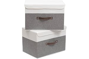 OUTBROS Boîte de Rangement, 45 x 30 x 30 cm Paniers de Rangement Pliables avec Couvercles et Poignées, Boîte Range pour Vêtement, Magazine pour, Chambre à Coucher (2 pièces, Gris/Blanche)