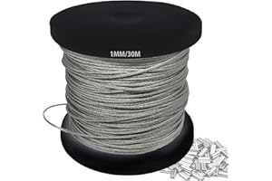 JAHOMFAI 1mm 304 Wire Rope Stainless Steel Wire Cable 30m Length 7x7 Cross Section 100kg Breaking Load stainless steel cable with 30 Pcs Aluminum Crimping Clamps Loop Sleeve