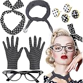 Set Accessori Per Costume Anni '50 Da Ragazza - Parrucca Bob Nera, Sciarpa Pizzo Rosa E Occhiali Gatto Neri - Taglia Unica