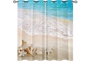 ANHOPE Beach Curtains Eyelet Ring Top Thermal Insulated 80% Blackout Curtains with Tropical Ocean Seaside Conch Seashell Print Pattern Window Drapes for Bedroom Living Room 46 x 54 Inch Drop 2 Panels