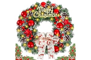 NLMWTI 30CM Türkranz Weihnachten, 30 LED Weihnachtskranz mit Lichter-Kette und LED in Warmweiß, Girlande Weihnachten mit Kiefernzapfen und rote Beerenfrucht Weihnachten Dekor