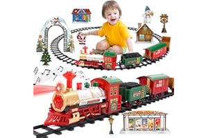 deAO Tren Clásico Infantil con Luces y Sonidos Conjunto Navideño de Vías, Locomotora y 3 Vagones Tren de Juguete Electrónico Decoración de Navidad