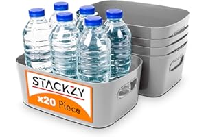 Under Sink Storage Boxes – Strong Storage Baskets with Handles – Home, Kitchen and Bathroom Organiser – Rectangular Multi Use Storage Boxes –– Stackable Pantry Basket – Grey, 20pcs – by Stackzy
