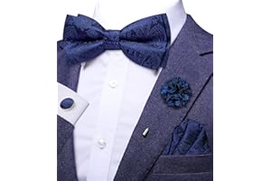 Hi-Tie Silk Pre-tied Bow Ties for Men Clip On Mens Bow Tie Adjustable Bowtie Flower Lapel Pin Pocket Square Cufflinks Set