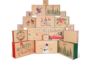 Giiffu Lot de 18 boîtes cadeau de Noël, Boite Cadeau Marron en Papier Kraft Avec Des Couvercles - 4 tailles différentes - Avec autocollants - Pour Les Vacances, Noël, Fêtes, anniversaire, mariage