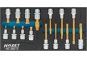 Hazet Screwdriver Insert Set, (Robertson) 12.5 = 1/2 Piece 163-482/15, Square 12.5 mm (1/2 inch), Inner Multi-Tooth Profile XZN, Number of Tools: 15, tin Coated.
