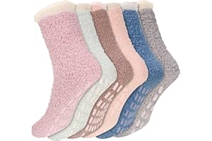 Bestomrogh 6 Pairs Fluffy Slipper Socks for Women and Girls, Winter Warm Cosy Bed Fuzzy Socks with Grips, Thermal Non Slip Grip Socks Soft House Sleep Socks for Women Girls