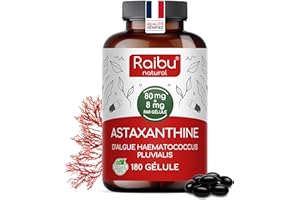 RAIBU Astaxanthine Pure Végane - 80 mg (équivalent à 8 mg d’astaxanthine) de l’algue Haematococcus pluvialis - 180 Gélules : Cure de 6 mois - Concentration & Biodisponibilité Élevées