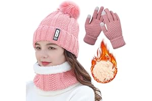 TYXHXTF Conjunto 3 en 1 de Punto: Gorro, Bufanda y Guantes Térmicos para Mujer - Calentar Sombrero de Invierno para Esquí, Deportes al Aire Libre y Uso Diario - Rosa