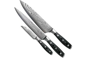 EDEN QUALITY PRODUCTS Set de 3 Couteaux Eden Classic Damast EQ2030-S01 Set de Couteaux avec Couteau de Chef, Couteau à Viande et Couteau à Eplucher, Acier de Damas