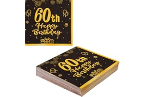 VReder Black and Gold 60th Birthday Decorative Paper Napkins, 40pcs Disposable Birthday Napkins for Indoor/Outdoor Parties, Banquets, Weddings, Dinners