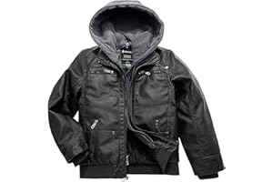 Wantdo Garçon Veste en Simili Cuir Hiver Manteau Chaud Coupe-Vent Moto Rétro Multi-Poches Blouson en PU Capuche Amovible