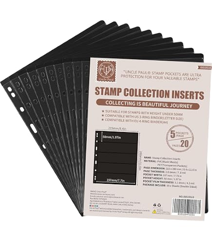 Lot de 10 feuilles pour album de timbres avec 20 pages, 5 pochettes de 19,56 x 5,01 cm pour collection de timbres, manches standard à 9 trous pour album de collection de