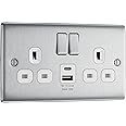 BG Electrical Double Switched Power Wall Plug Socket with Type A and Type C USB Charging Ports, Nexus Metal, Brushed Steel, White Inserts, 13A, 12W, NBS22UAC12W