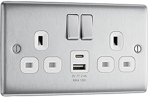 BRITISH GENERAL BG Electrical 12W Double Switched Power Wall Plug Socket with Type A and Type C USB Charging Ports, Nexus Metal, Brushed Steel, White Inserts, 13A, NBS22UAC12W