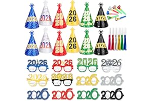 DPKOW 36 pezzi Kit Gadget Capodanno 2026 Occhiali Cappellini Trombette Colorate, Addobbi Decorazioni Capodanno 2026 Occhiali Cappellini Buon Anno Accessori per Photobooth Nuovo Anno