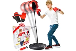 Whoobli Boxball für Kinder inkl. Boxhandschuhe, 3 - 10 Jahre, verstellbarer Kinder-Boxball mit Ständer, Boxball-Set Spielzeug für Jungen und Mädchen (Rot-Weiß)
