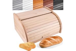 Creative Home Grande Panera Madera Contenedor para Pan | 38 x 28,5 x 17,5 cm (+/- 1cm) | Haya Natural | Color Beige | Recipiente con Tapa Enrollable para Guardar Bollos Alimentos Secos
