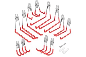 Poppstar 12 garażowych haków ściennych, podwójnych do ciężkich ładunków, 6 wielkości (kształt kwadratowy, J, faliste), czerwone