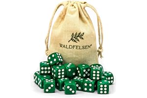 Waldfelsen® Lot de 6, 12, 20, 30 ou 50 dés de qualité supérieure - Taille standard de 16 mm - En acrylique - Avec sac en tissu (vert, 20 pièces)