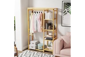 Medla Penderie à Vêtement Autoportante: Armoire Ouverte en Bambou Durable Porte Manteau sur Pieds Penderie avec Rideau Idéal pour Maison Chambre Salon Vestiaire - 146x91x30cm Charge Max 45kg