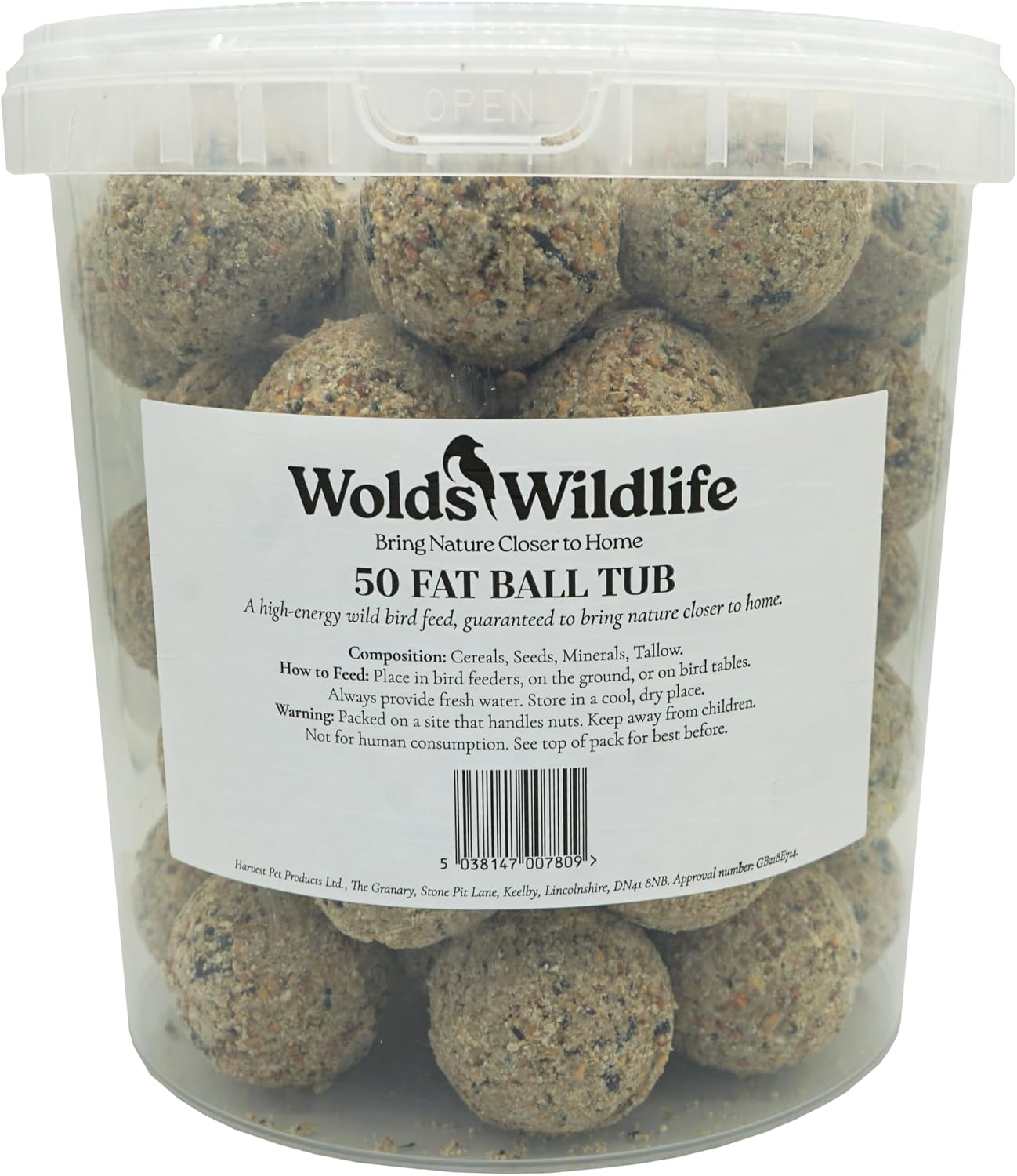 Wolds Wildlife - Premium Suet Fat Balls, 50 x 80g Tub - High-Energy, All-Season Fat Balls for Wild Birds - Enriched with Human-Grade Beef Tallow - High Energy Bird Food with Essential Oils & Protein
