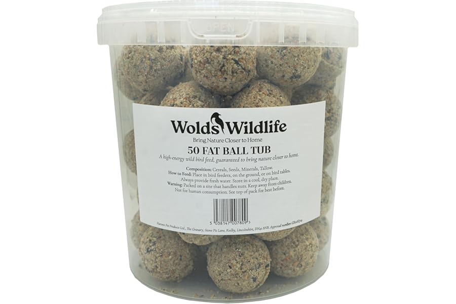 Wolds Wildlife - Premium Suet Fat Balls, 50 x 80g Tub - High-Energy, All-Season Fat Balls for Wild Birds - Enriched with Human-Grade Beef Tallow - High Energy Bird Food with Essential Oils & Protein