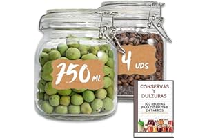MUNDOTARROS 4 Tarros de Cristal Herméticos 750 ml – Tarros herméticos de Almacenamiento para Alimentos, Conservación Fresca y Organizada - Incluye Etiquetas + Ebook de 102 Recetas (0,75 litros)