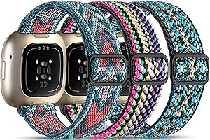 Nigaee 3 Pack Elastic Nylon Straps Compatible for Fitbit Versa 4/Versa 3/Sense 2/Sense Strap, Stretchy Adjustable Fabric Breathable Replacement Straps for Women Men