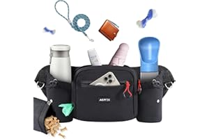 AGPTEK Bolsas de Golosinas para Perros, Riñonera Impermeable de Gran Capacidad con Bolsa Premios Perro Desmontable, Porta Botellas de Agua, Dispensador de Bolsas para Excrementos, Negro