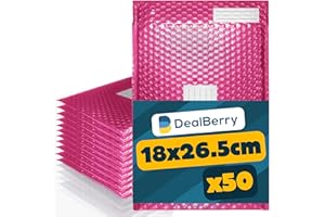 DEALBERRY Lot de 50 enveloppes rembourrées à bulles - Enveloppes en polyéthylène pour emballage d'expédition et d'expédition, avec bande adhésive - Boîte d'adresse et de retour (rose, 18 x 26,5 cm)