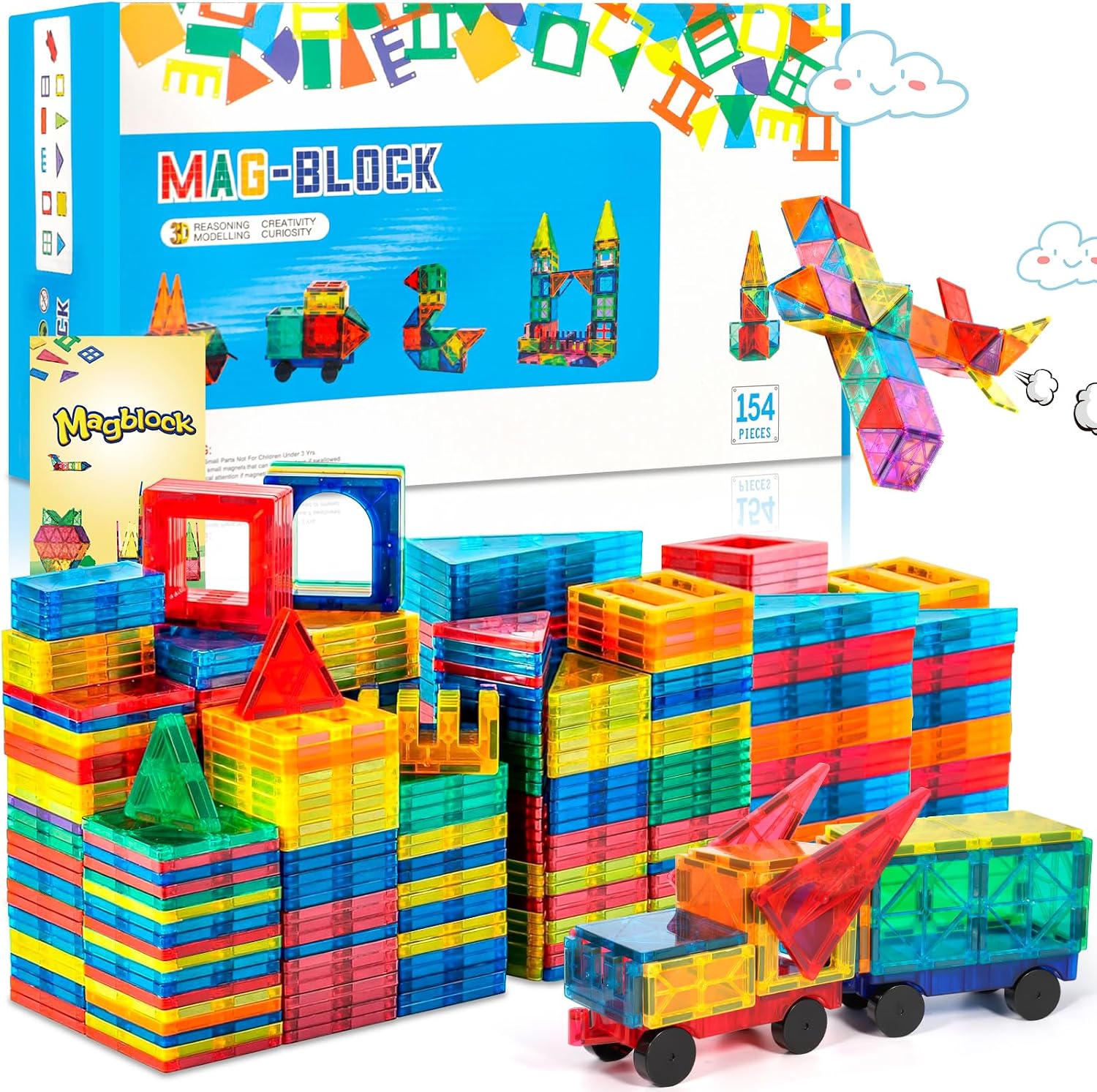 JUQG 154Pcs Bloques de Construcción Magnéticos, 3D Juguetes de Construcción Magnéticos, Juguetes Educativos de Bloques de Construcción, Regalo de Juguete Magnético para Más de 3 Niños y Niñas (154Pcs)