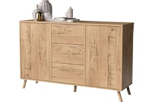 MUEBLES PITARCH | Aparador Salón Comedor, Buffet, Mueble Auxiliar, 2 Puertas y 3 Cajones, Roble Gold, 89x140x40cm, Despensa, Cocina, Despacho, Tirador Push o Pulsador, Moderno, Nórdico, Modelo Oslo