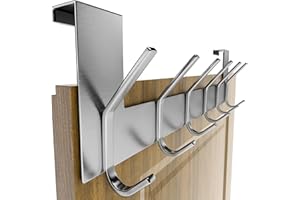 SKOLOO Türgarderobe mit 6 Haken, Türhaken Zum Einhängen Ohne Bohren, Kleiderhaken Tür für Küche, Badezimmer, Wohnzimmer und Flur, Silber