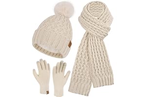 Bequemer Laden Mujeres Invierno Gorro Bufanda Larga Guantes Tactiles Conjunto de Punto Gorras Lana con Pompón Forro Polar Regalo Mujer