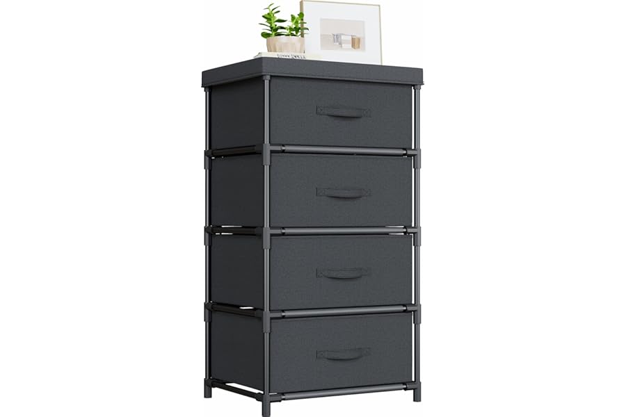 WANGIRL Fabric Chest of Drawers Bedroom, 4 Drawers Storage Unit with Sturdy Steel Frame, Dresser Drawers for Bedroom, Living Room, Hallway, Office and Closet - Black