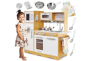 Mamabrum Cocina de Juguete para Niños de Madera Natural con Luces LED - Set Completo con Accesorios Cocina Juguetes, Horno, Microondas y Fregadero - 82x60x30cm