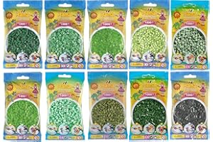 HAPPY PRICE TOYS Hama Midi Perles à repasser vert (vert 10, vert clair 11, vert foncé 28, vert fluo 37, vert fluo 42, vert pastel 47, olive clair 84, menthe pastel 98, eucalypt 101, vert forêt 102) + instructions