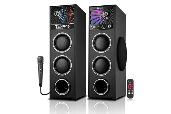 TRONICA Twin Tower 80W Bluetooth Party Speaker System with Remote & Wired Microphone, Mini SD Card Support, USB, Auxilary, Digital Display, Volume Control, Bass Control, Treble Control (Black)