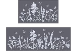 comfoyar 2 Pezzi Tappeti Cucina, Tappeti Runner Antiscivolo, Impermeabile, Lavabile, Tappeto per Cucina, Sala da Pranzo, Corridoio, 44 x 75 cm + 44 x 120 cm, Fiori ed Erba