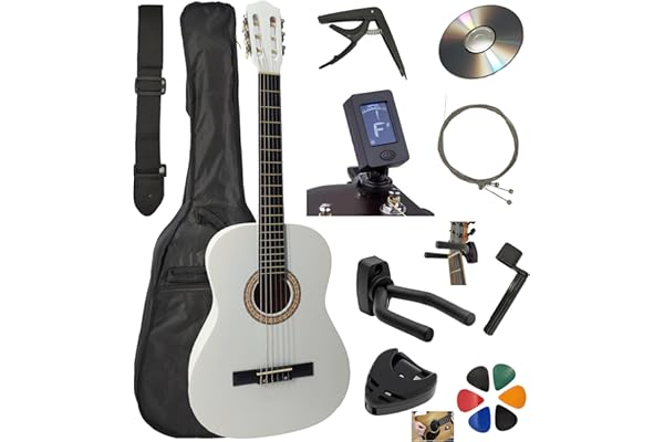 AMBRE Pack Guitare Classique 3/4 (Enfant 8-12 ans) + 10 Accessoires (Housse, Support Mural, Accordeur, Sangle, Capodastre, Cordes, 6 Médiators, Boîte, Manivelle) + Cours Vidéo & CD (Blanc, 3/4, Droit)