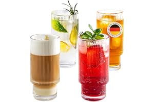 H E L P Y Geriffelte Gläser, Hitzebeständiges Glas, Transparent, Gerillt, Riffel, Gewellte, Wasser, Eiskaffee, Kaffee, Cocktail, Longdrink, Latte Macchiato, Glas, Füllhöhe 260ml (4er Set)
