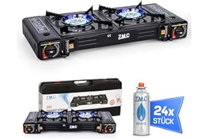 Z.M.C ZMC - Hornillo de gas para camping con 24 cartuchos de gas de 227 g, 2,5 kW, incluye adaptador para conexión LPG + maletín de almacenamiento, set de hornillo de camping con encendido piezoeléctrico,