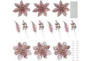 ilauke 30Pcs Poinsettia Artificial Flowers Rose Gold Christmas Decorations, Christmas Tree Ornaments with Glitter Artificial Leaves and Berry Stems, Garland Wreath Window Wedding Party Decoration