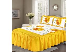 Voice7 Luxurious ROSALEEN Quilted Bedspread Floral - Valance Style 23 inch Deep Frilled Bedspread with Two Pillow Shams (Yellow, KING 3 Piece)
