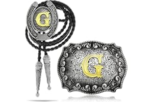 Yjfeshion 2 Pieces Western Cowboy Belt Buckle Bolo Tie Set Golden Initial Letter ABCJ to Z Rodeo Belt Buckles for Women Men