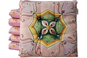 HABITA 33 HOME Cuscini Sedie Cucina Set da 6 (40x40x5cm) Cuscini Sedie Cucina, Coprisedia Cucina, Cuscini per Sedie Quadrati, Cuscino Sedia con Laccetti Decori Assortiti Trapuntati al Centro (Lily Tile)