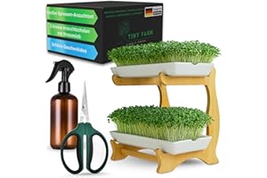 TINYFARM Design Kresse Anzuchtset 2 Ebenen aus Keramik – 7-TLG. Sprossen Anzuchtset mit Holzständer für Microgreens, inkl. Schere & Sprühflasche – Keramik Kresse Anzuchtschalen und Kressesieb aus Edelstahl